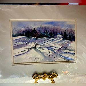 Watercolor “the Skier” by Florida artist Caroline Whitmore.